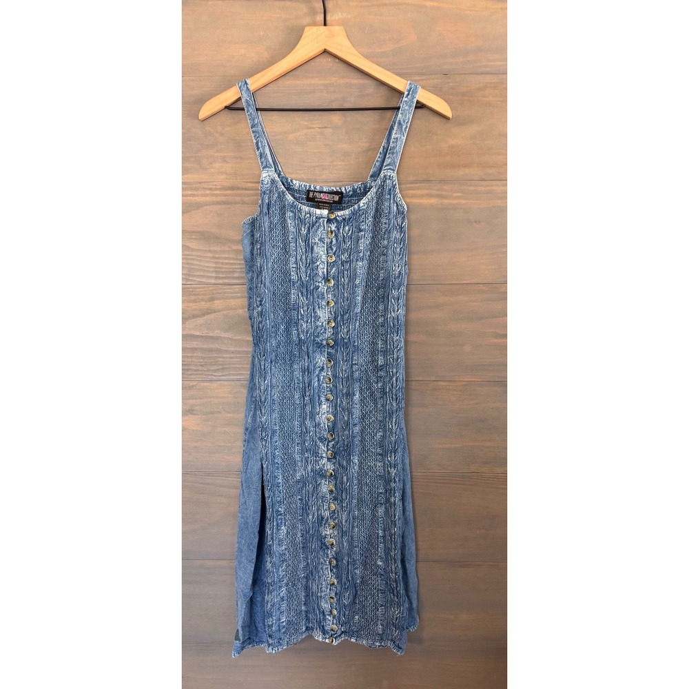 The Pyramid Collection Blue Acid Wash Button Front Smocked Midi Dress Small